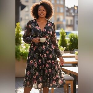 Addition Elle Pleated Skirt Twist Front Semi Sheer Long Sleeve Floral Midi Dress